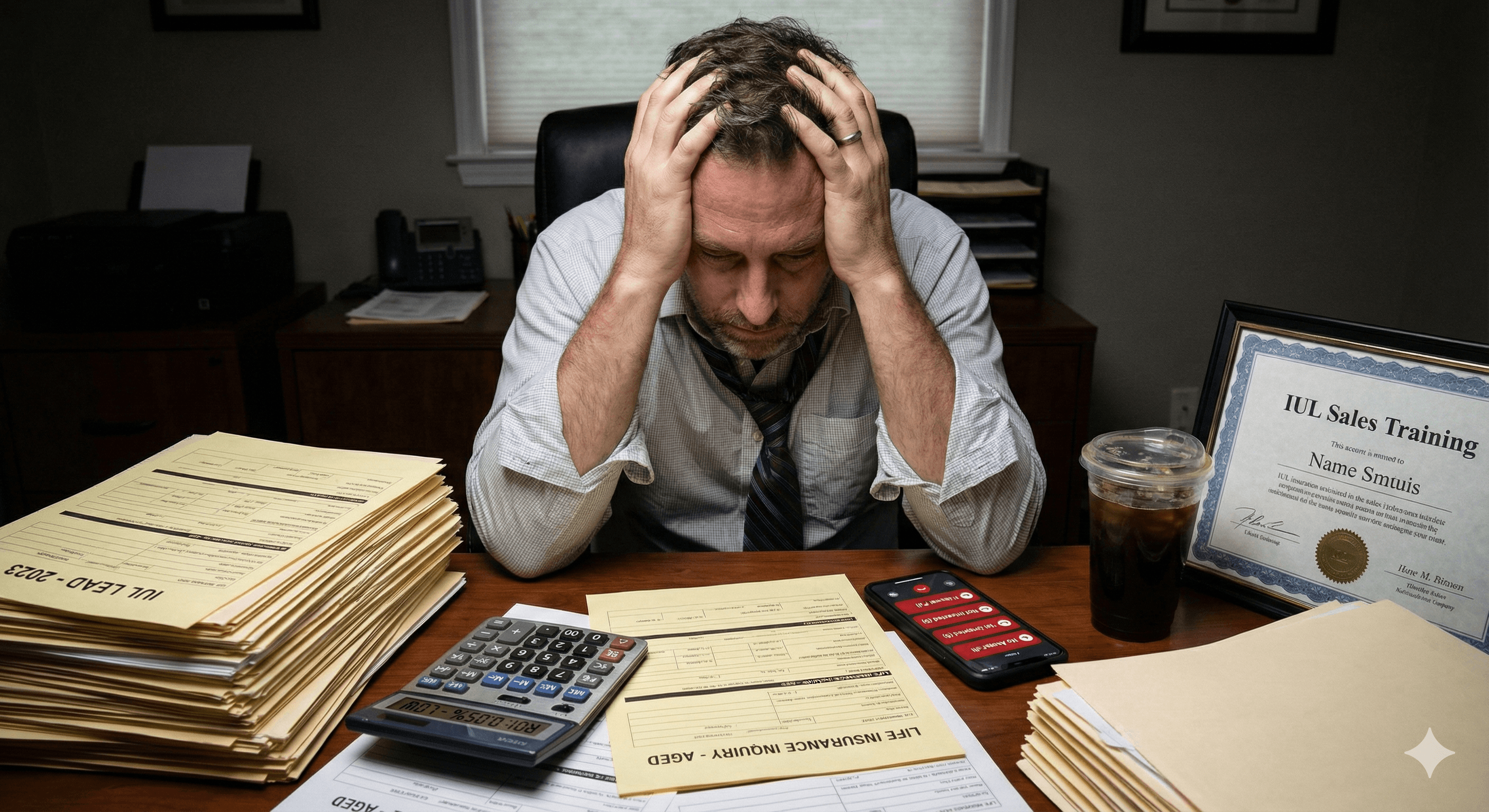 Frustrated IUL agent with aged leads showing low ROI