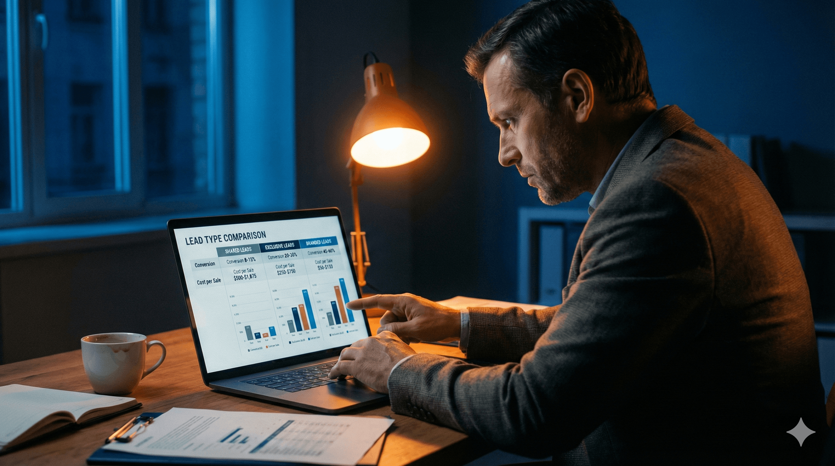 Life insurance agent analyzing lead conversion rates and cost per sale data