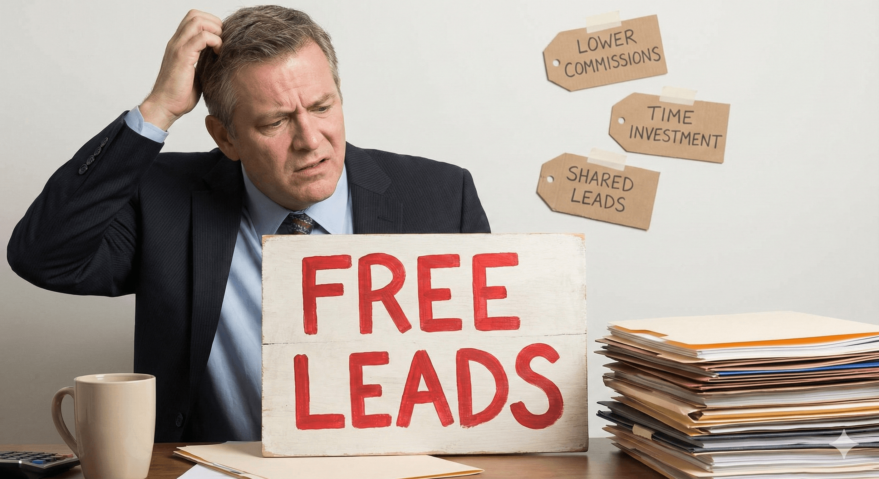 Life insurance agent examining free leads with hidden costs revealed