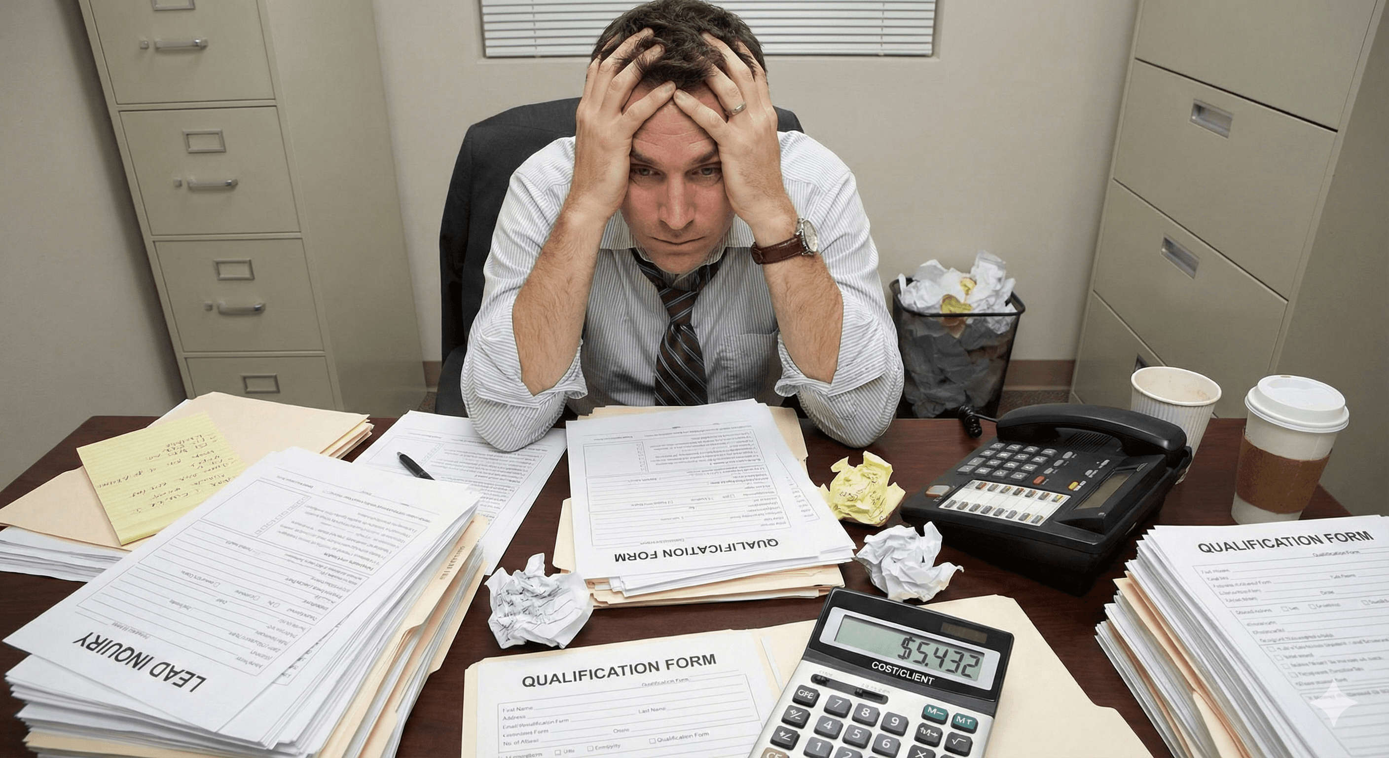 Frustrated financial advisor surrounded by failed lead generation methods