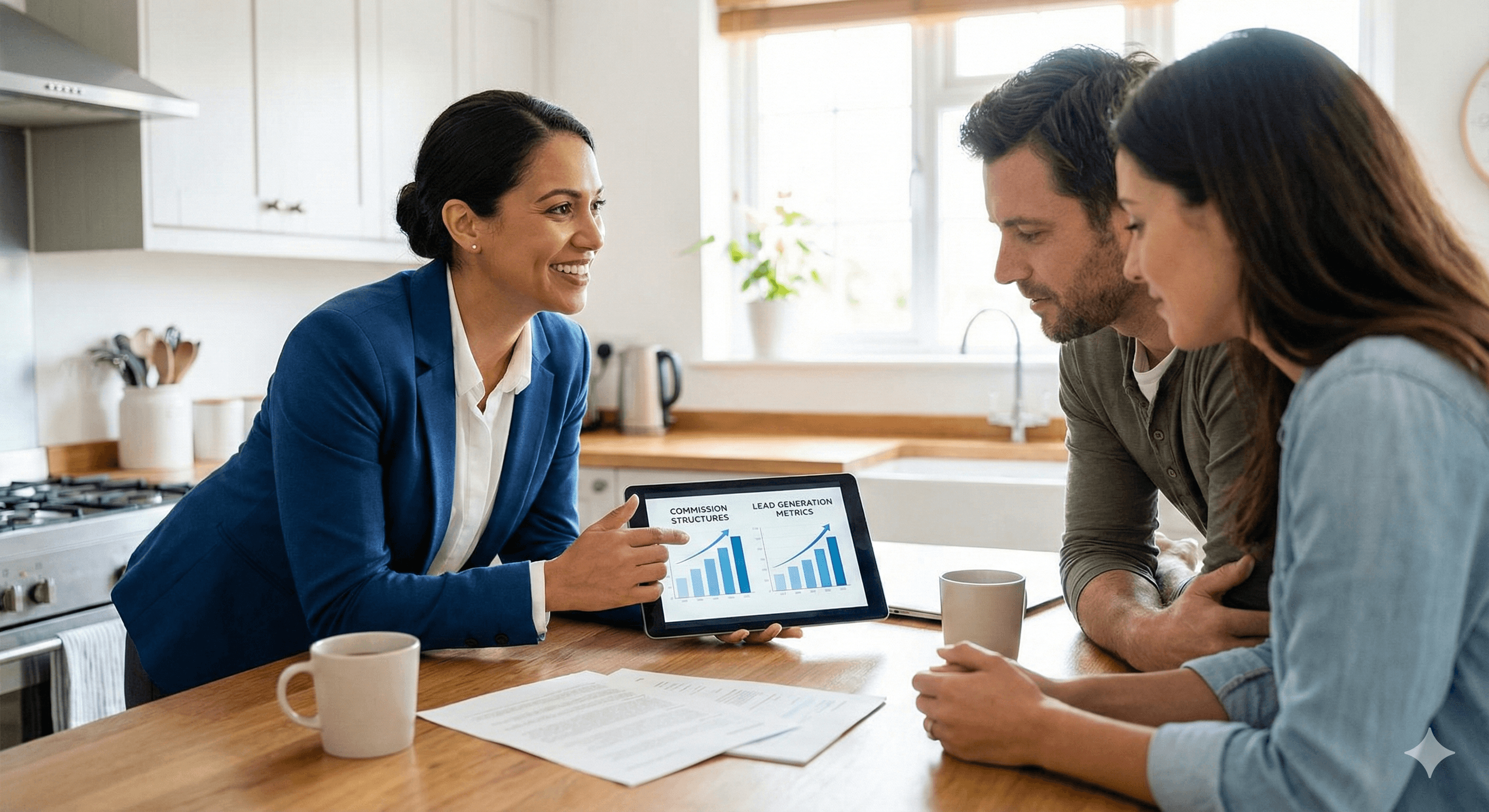 Life insurance agent explaining commission structure to prospects