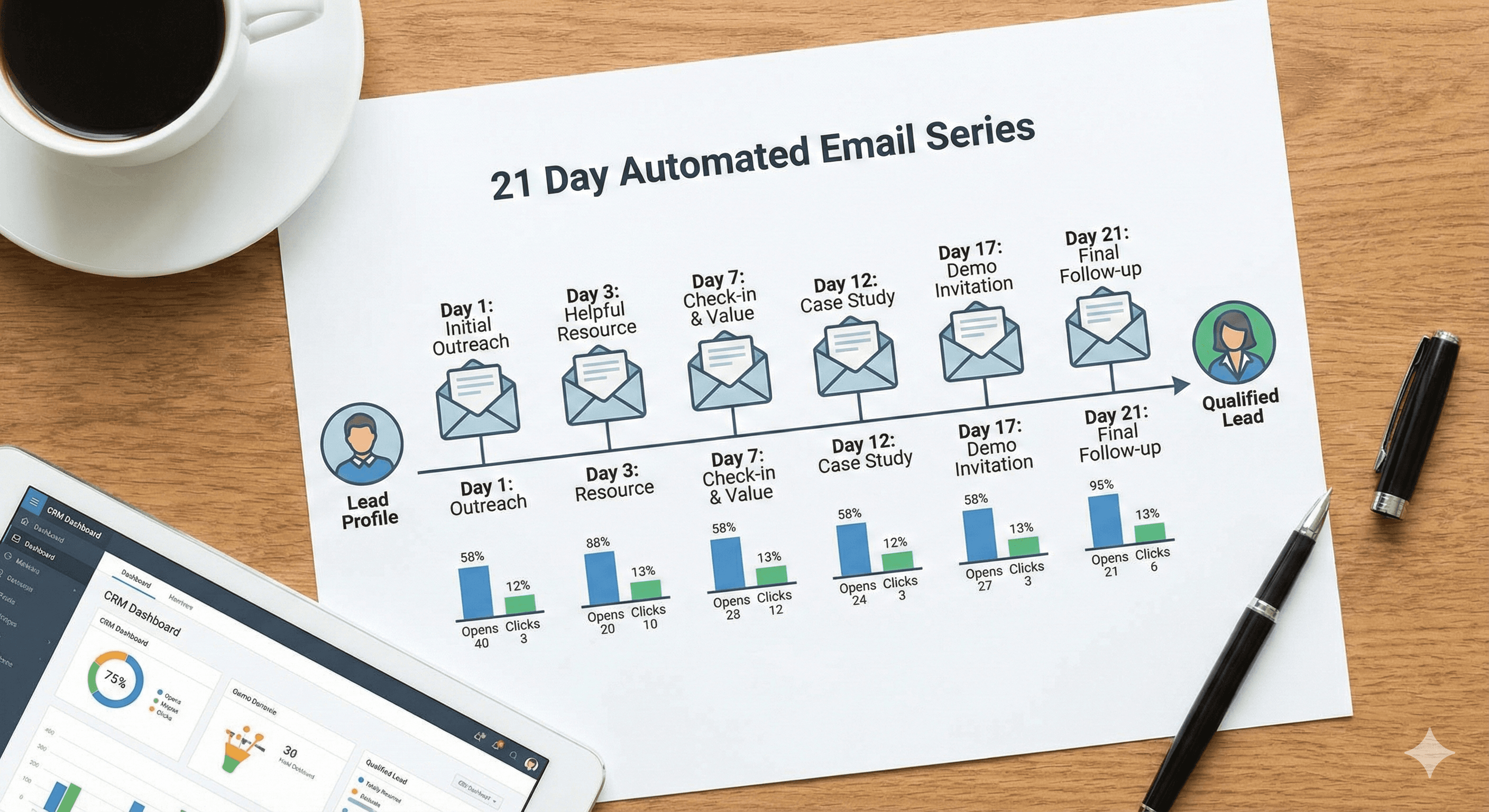Automated lead follow-up system timeline showing 7 emails over 21 days