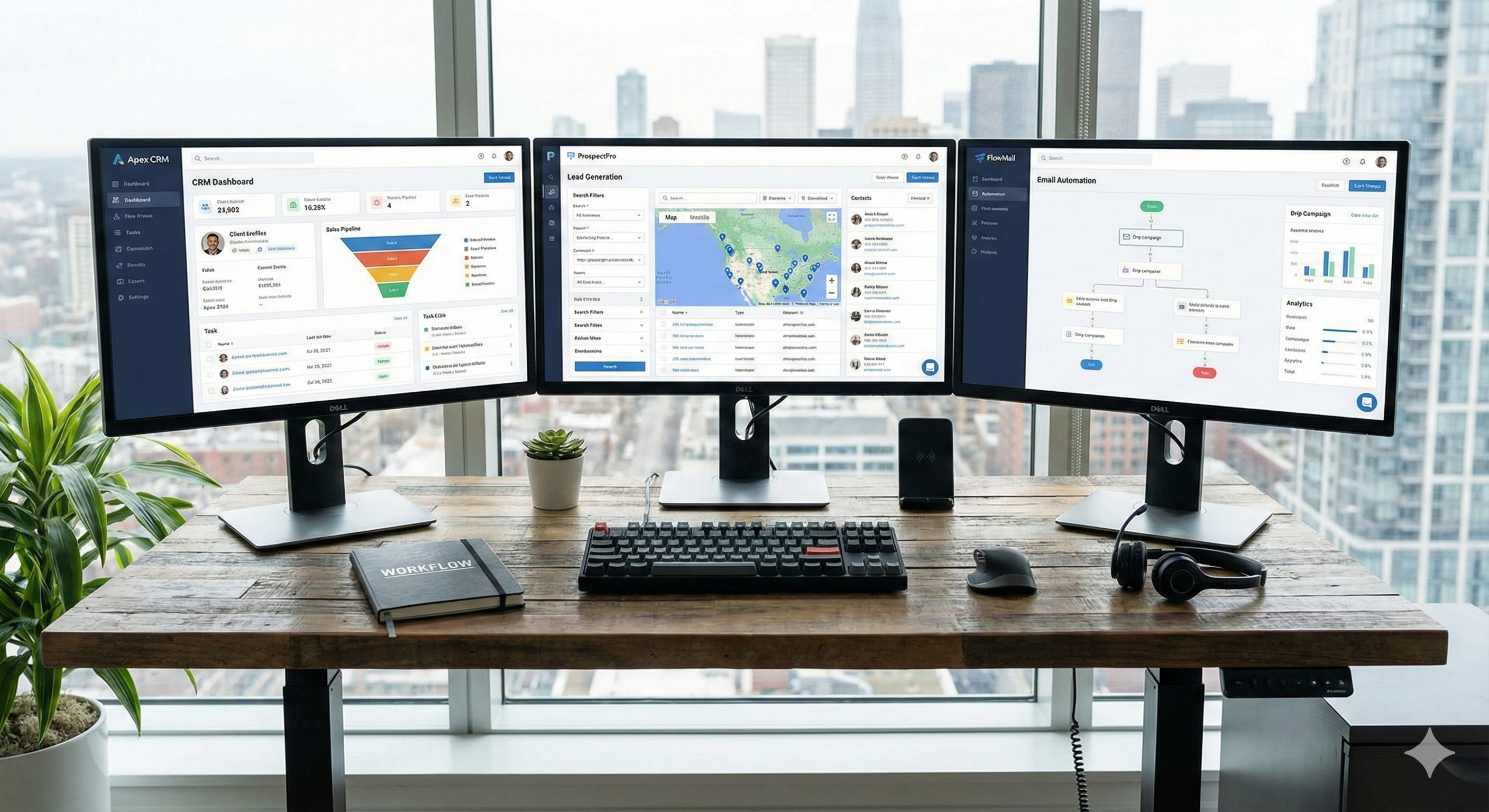 Insurance agent using multiple lead generation tools on computer screens