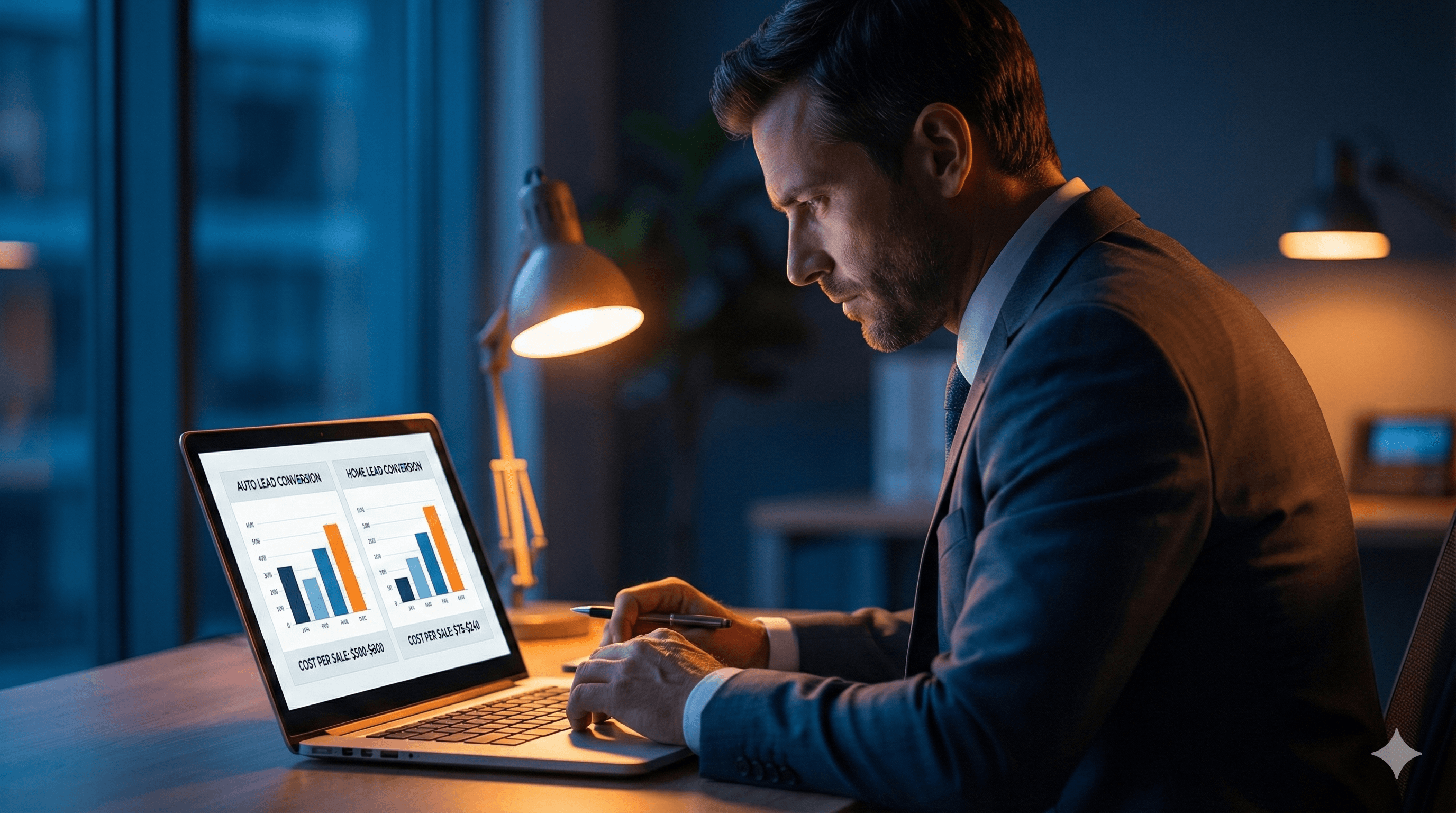 Insurance agent comparing auto and home insurance lead conversion rates