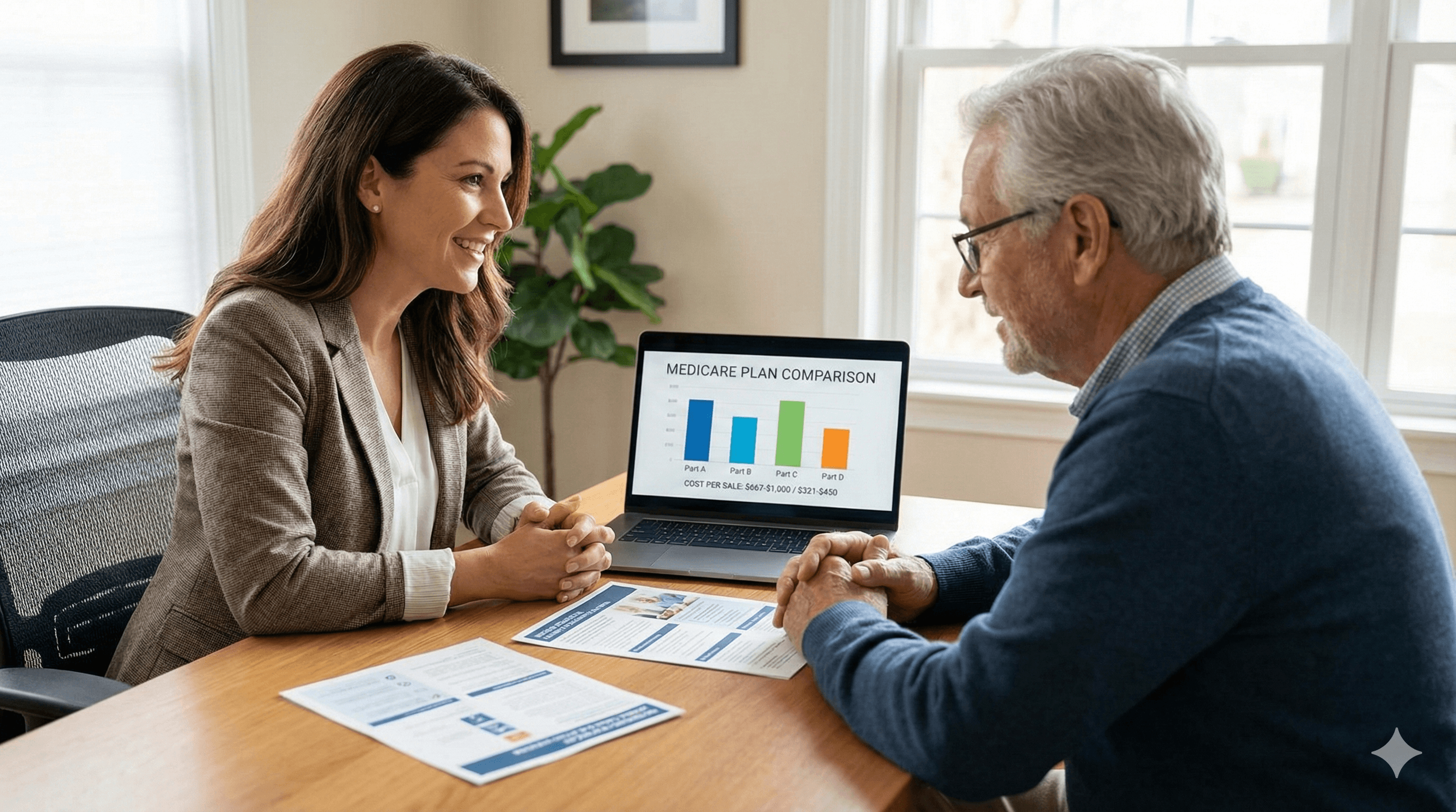 Medicare insurance agent helping senior with Medicare plan selection