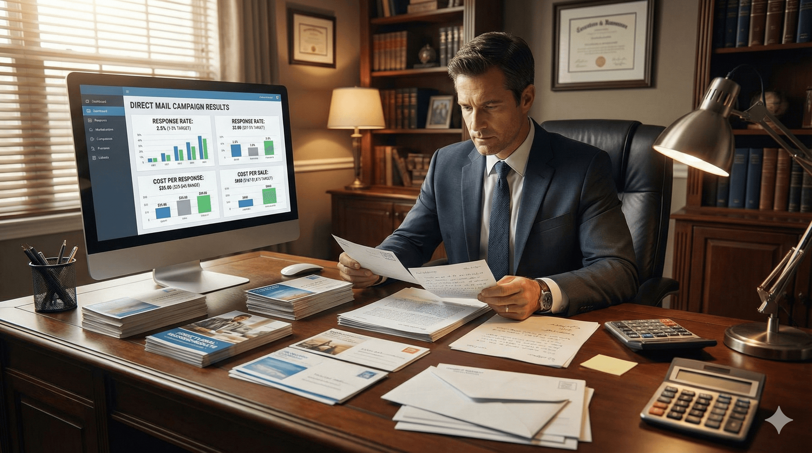 Insurance agent reviewing direct mail campaign responses with cost metrics